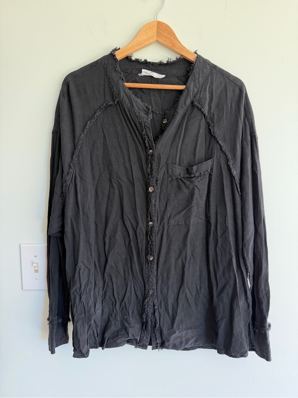 Carly Jean  Black Button-Up Shirt Distressed Gorpcore Minimalist Chic Streetwear